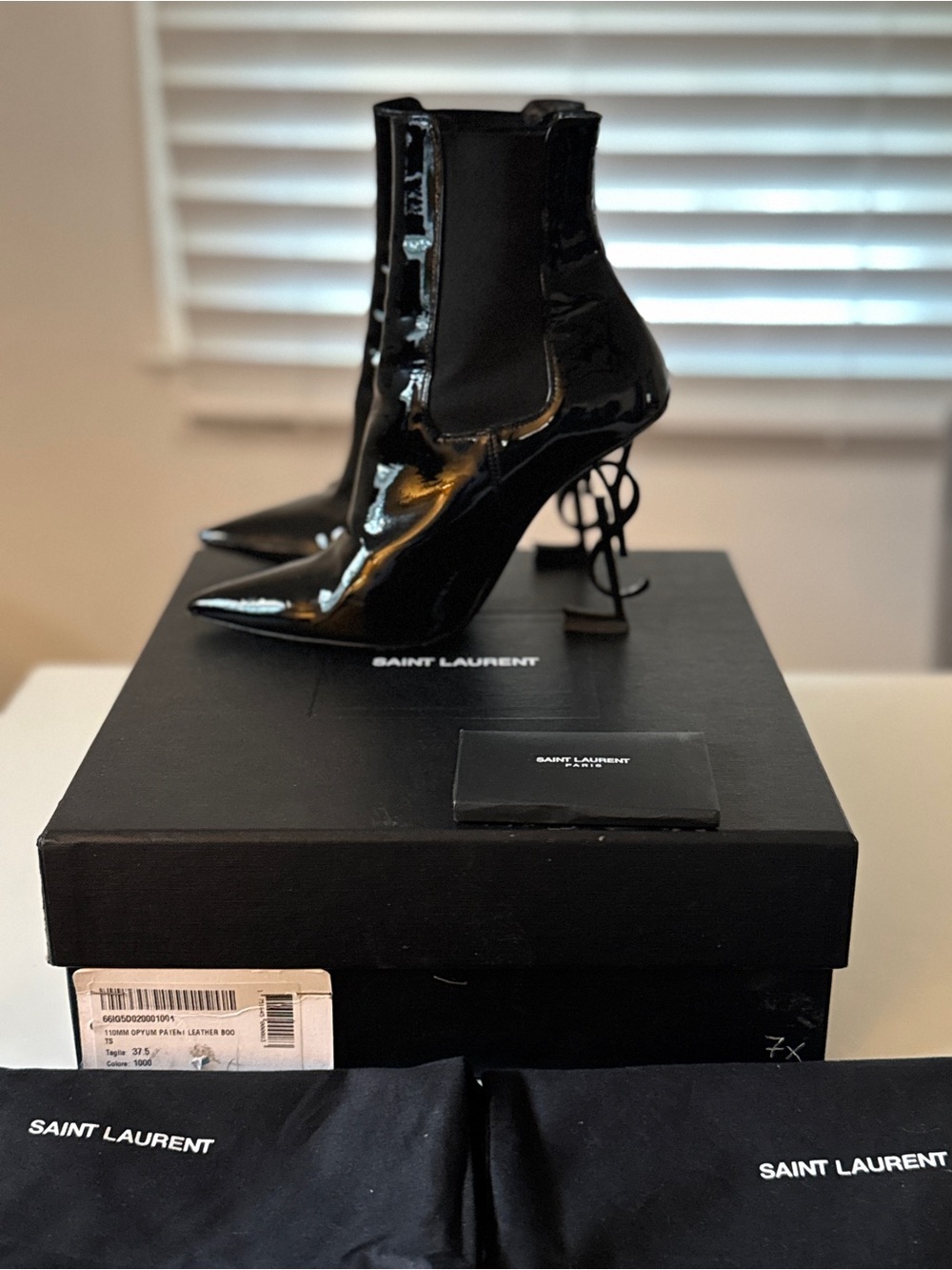 Saint Laurent Black Patent Leather Sculptural Heel Ankle Boots